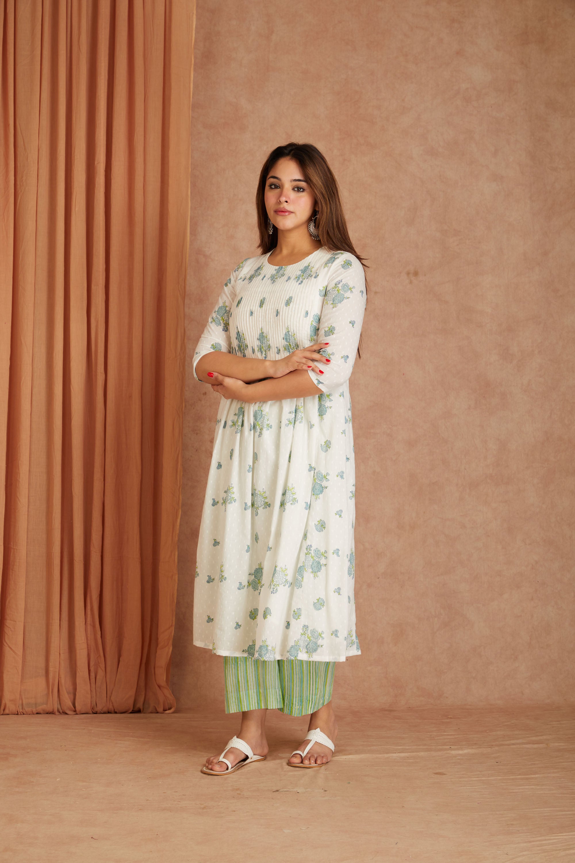 Blue Blossom White Hand Block Printed Cotton Dobby Kurta Palazzo Set with Kota Doriya Dupatta
