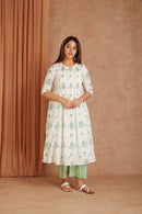Blue Blossom White Hand Block Printed Cotton Dobby Kurta Palazzo Set with Kota Doriya Dupatta