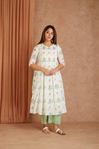 Blue Blossom White Hand Block Printed Cotton Dobby Kurta Palazzo Set with Kota Doriya Dupatta