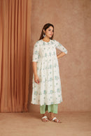 Blue Blossom White Hand Block Printed Cotton Dobby Kurta Palazzo Set with Kota Doriya Dupatta