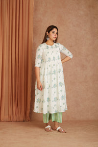 Blue Blossom White Hand Block Printed Cotton Dobby Kurta Palazzo Set with Kota Doriya Dupatta