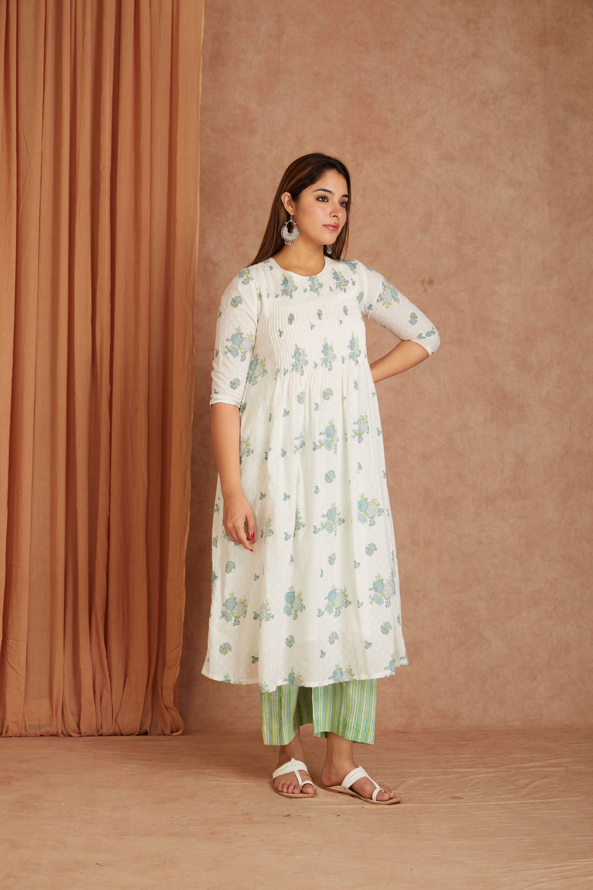 Blue Blossom White Hand Block Printed Cotton Dobby Kurta Palazzo Set with Kota Doriya Dupatta