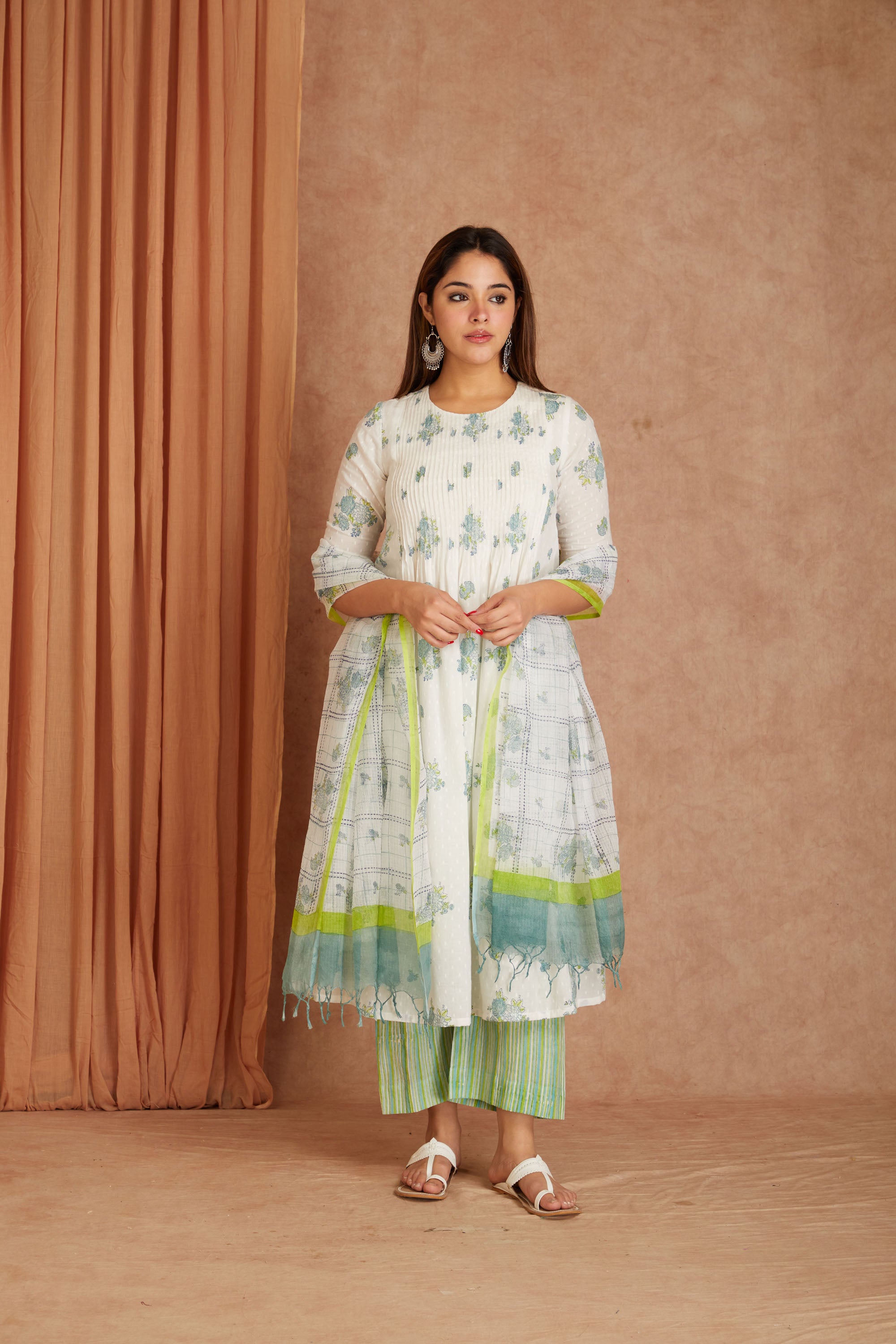 Blue Blossom White Hand Block Printed Cotton Dobby Kurta Palazzo Set with Kota Doriya Dupatta