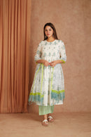 Blue Blossom White Hand Block Printed Cotton Dobby Kurta Palazzo Set with Kota Doriya Dupatta