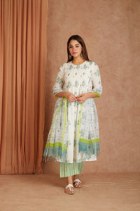 Blue Blossom White Hand Block Printed Cotton Dobby Kurta Palazzo Set with Kota Doriya Dupatta