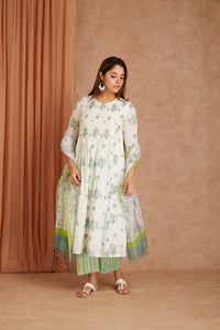 Blue Blossom White Hand Block Printed Cotton Dobby Kurta Palazzo Set with Kota Doriya Dupatta