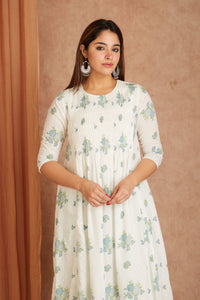 Blue Blossom White Hand Block Printed Cotton Dobby Kurta Palazzo Set with Kota Doriya Dupatta