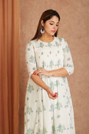 Blue Blossom White Hand Block Printed Cotton Dobby Kurta Palazzo Set with Kota Doriya Dupatta