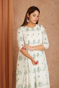 Blue Blossom White Hand Block Printed Cotton Dobby Kurta Palazzo Set with Kota Doriya Dupatta