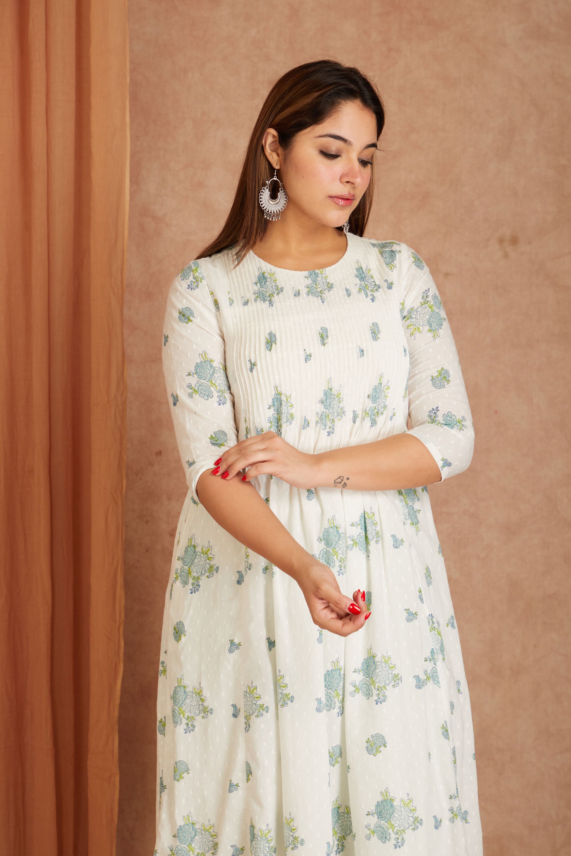 Blue Blossom White Hand Block Printed Cotton Dobby Kurta Palazzo Set with Kota Doriya Dupatta