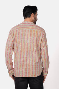 Men’s Brown Cotton Slub Hand Block Printed Shirt