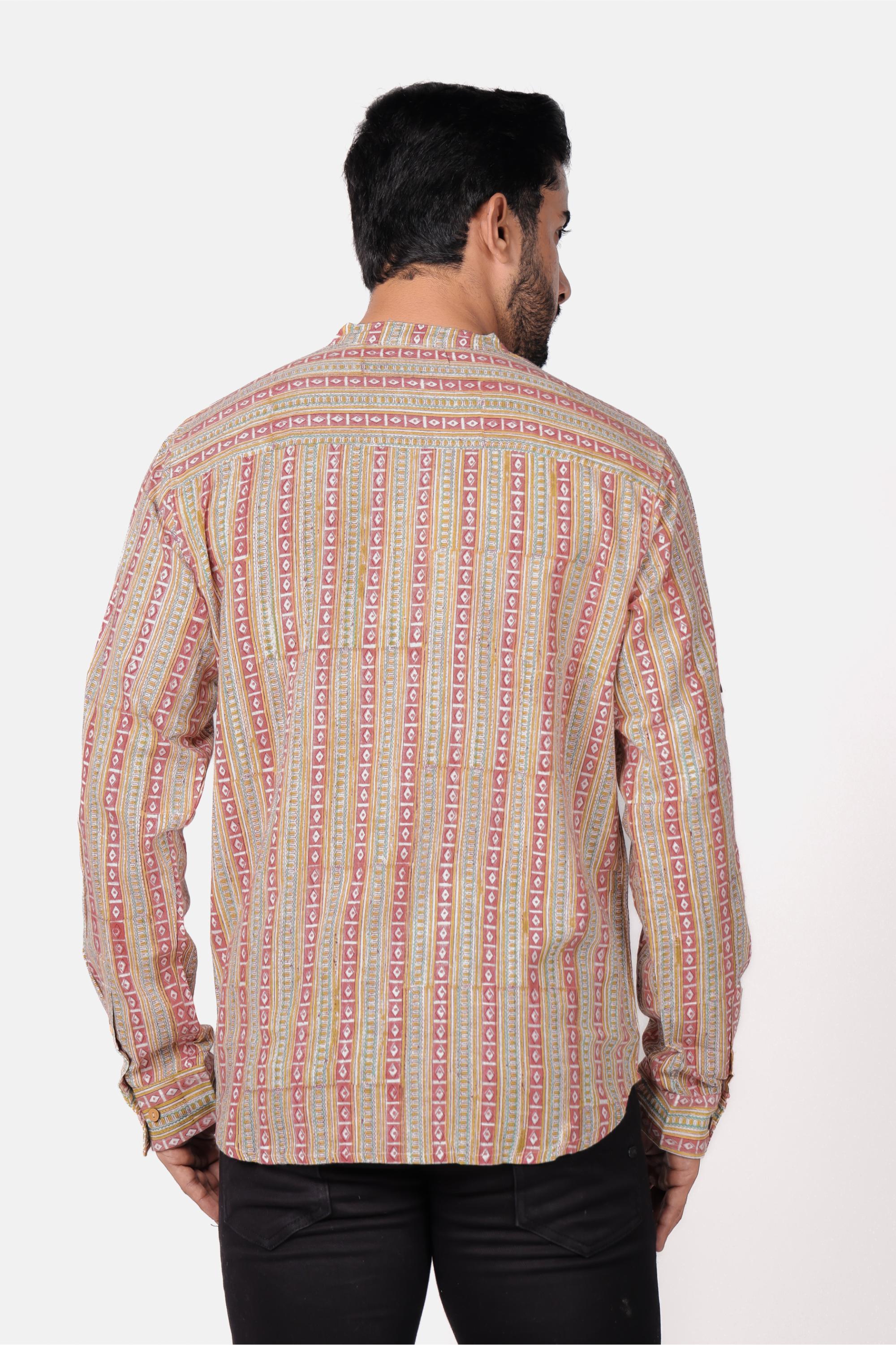 Men’s Brown Cotton Slub Hand Block Printed Shirt