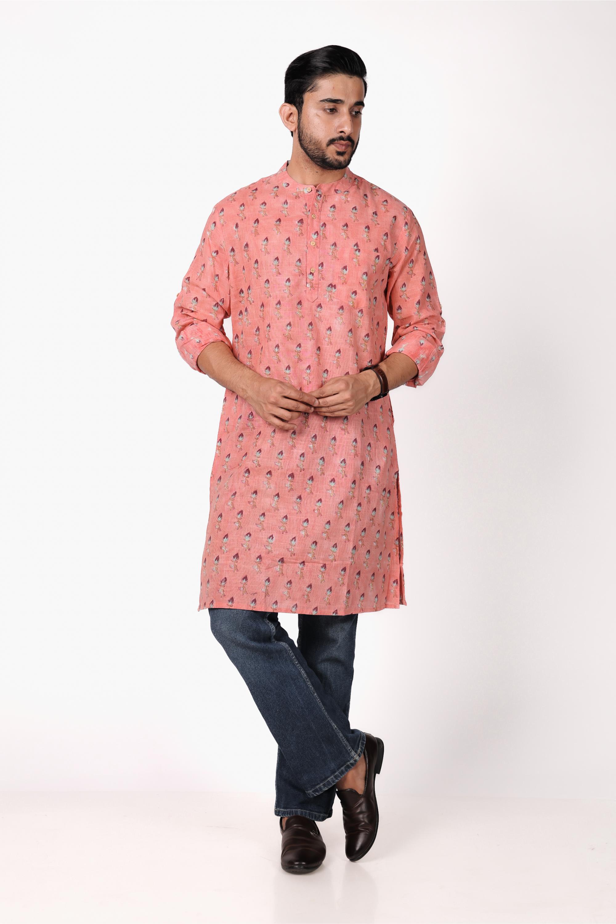 Men’s Hand Block Printed Cotton Slub Long Kurta