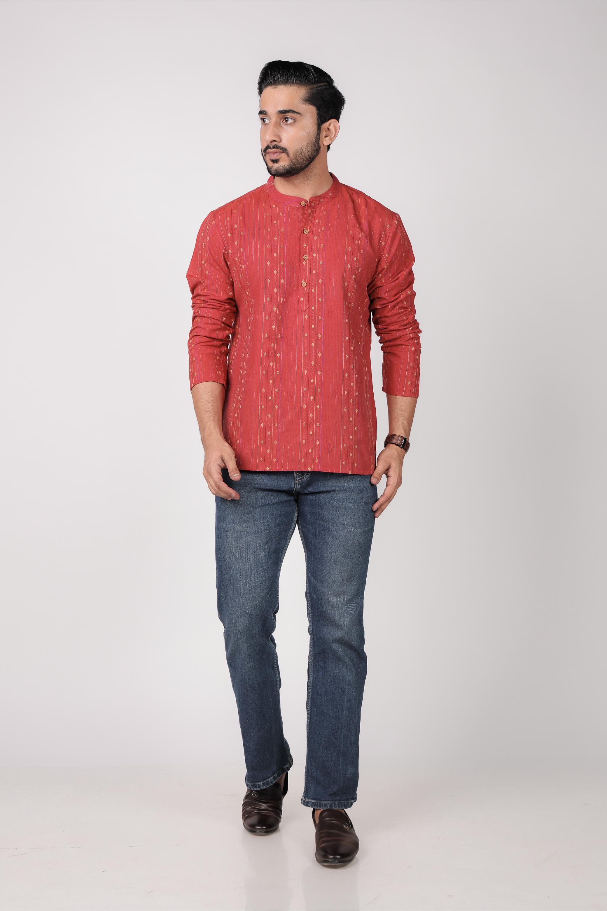 Classic Red Cotton Blend Short Kurta