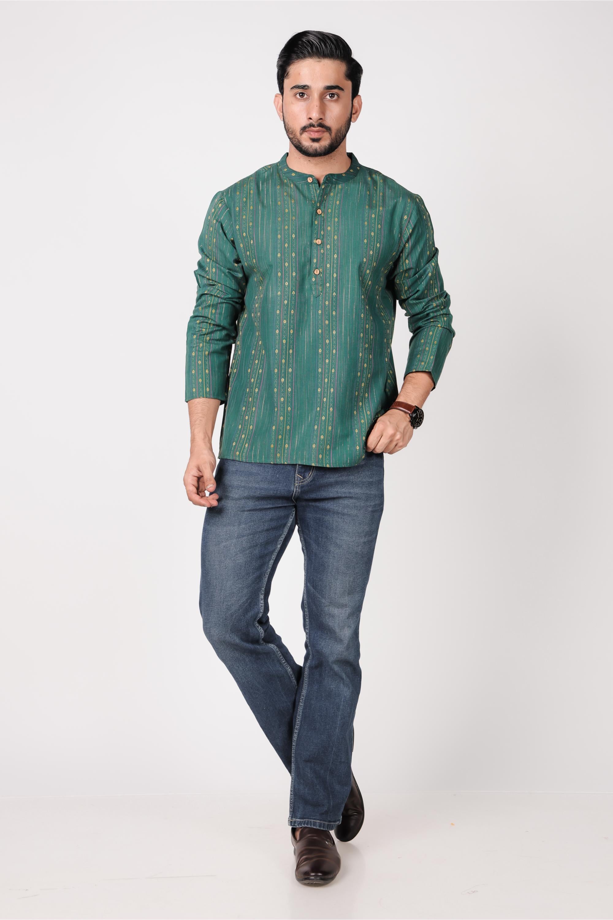 Classic Green Cotton Blend Short Kurta