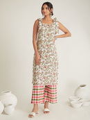 White Green Hand Block Printed Cambric Cotton Kurta with Pants - Set of 2