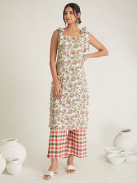 White Green Hand Block Printed Cambric Cotton Kurta with Pants - Set of 2