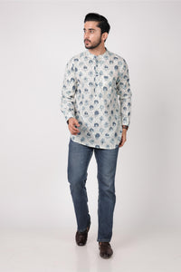 Men’s White Hand Block Printed Short Kurta