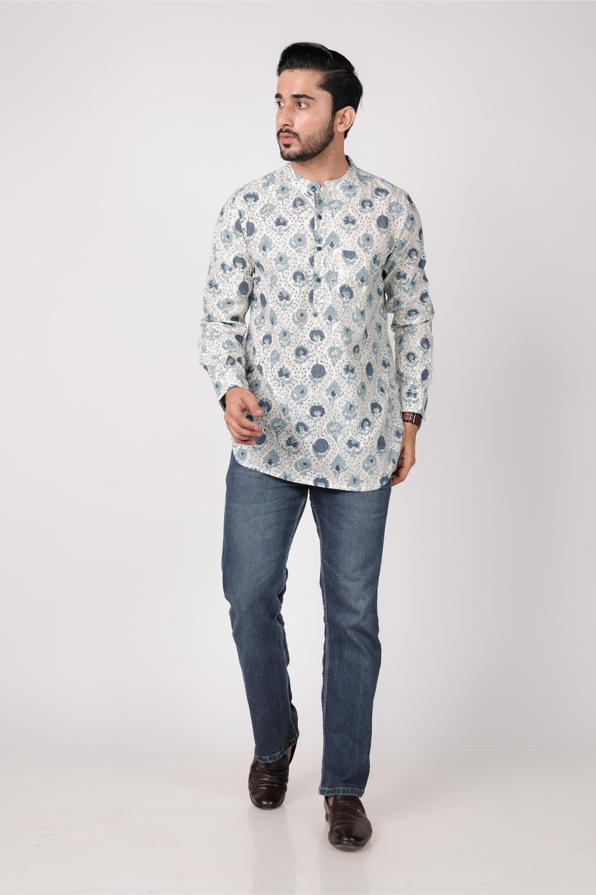 Men’s White Hand Block Printed Short Kurta
