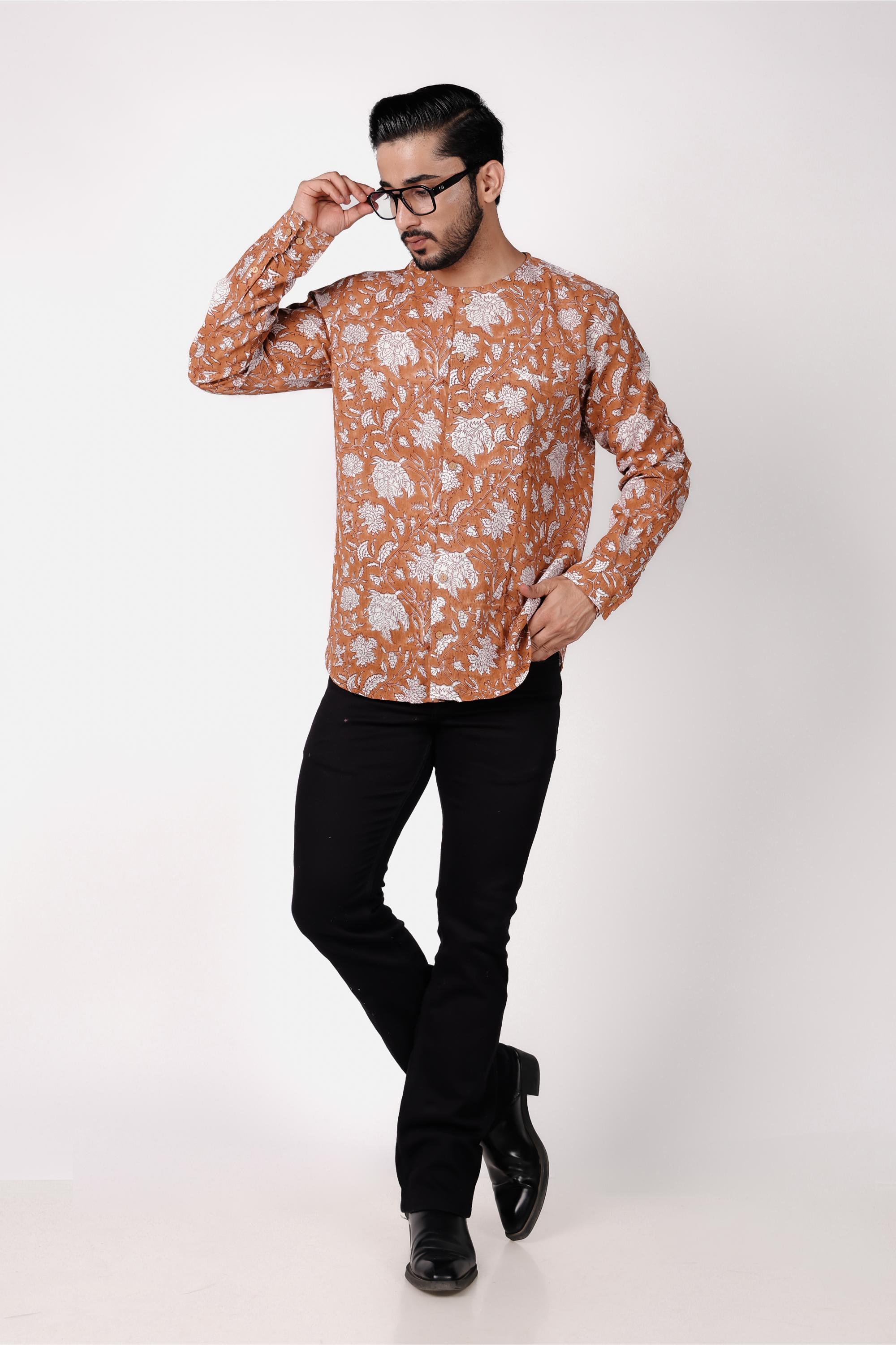 Men’s Hand Block Printed Cotton Slub Shirt