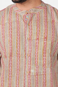 Men’s Brown Cotton Slub Hand Block Printed Shirt