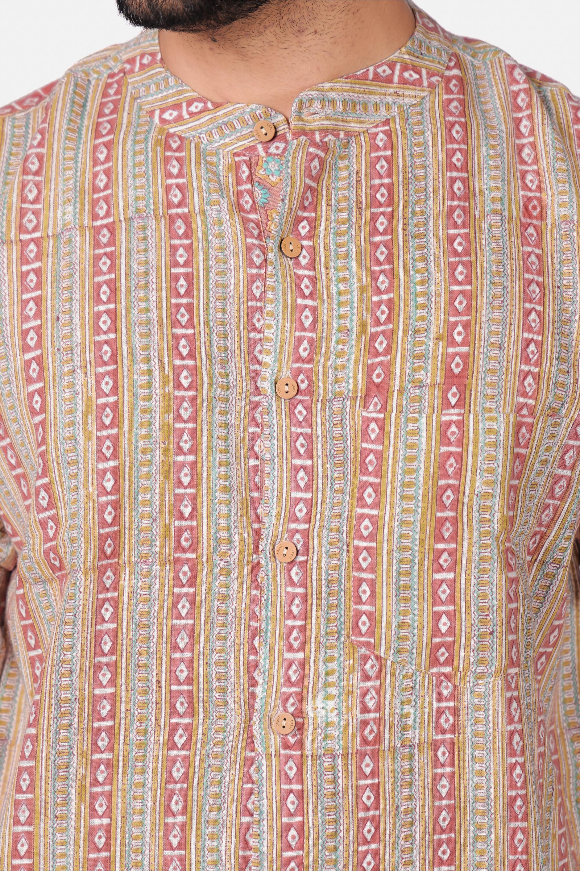 Men’s Brown Cotton Slub Hand Block Printed Shirt