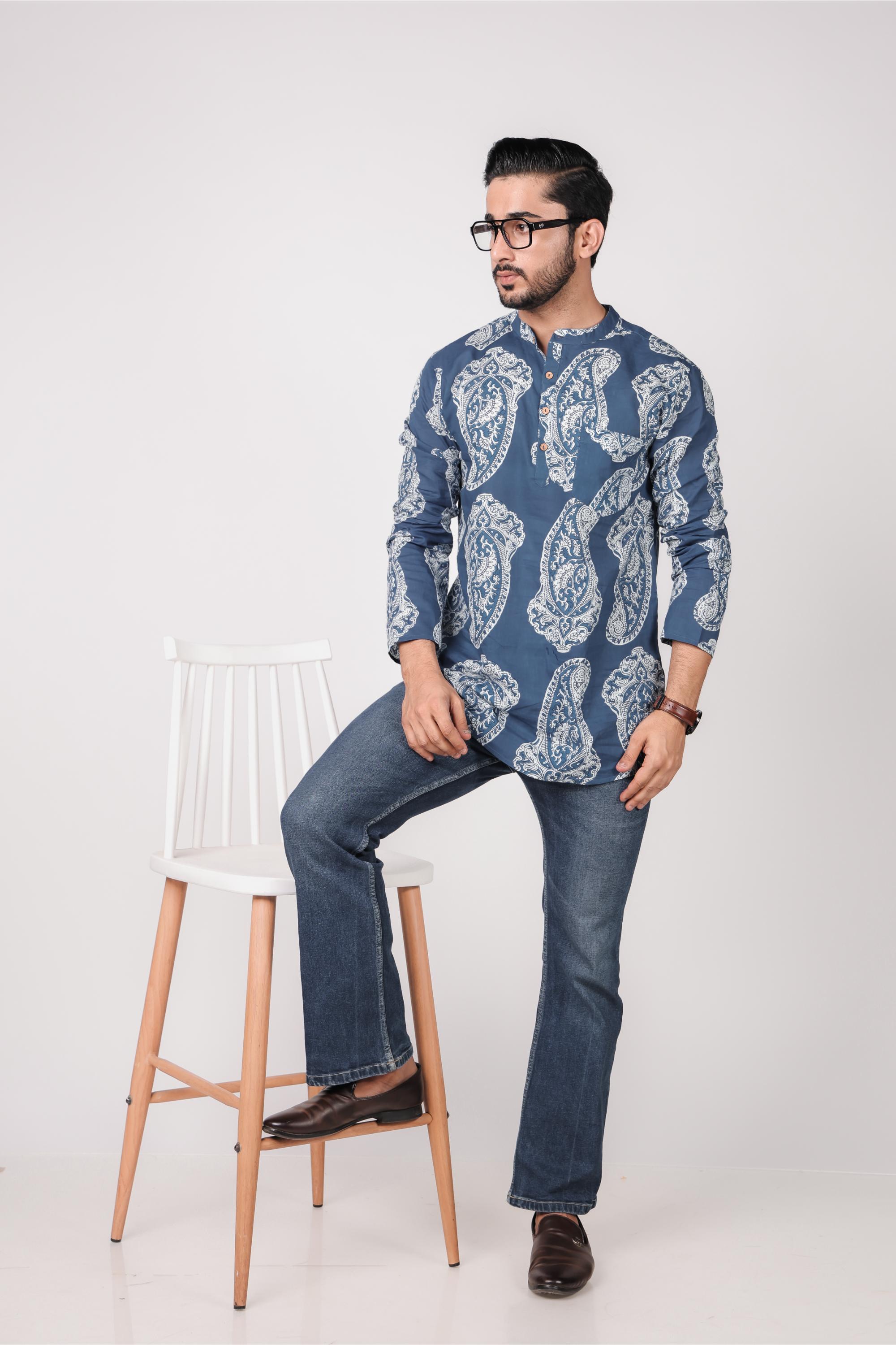 Men's Cotton Printed Short Kurta