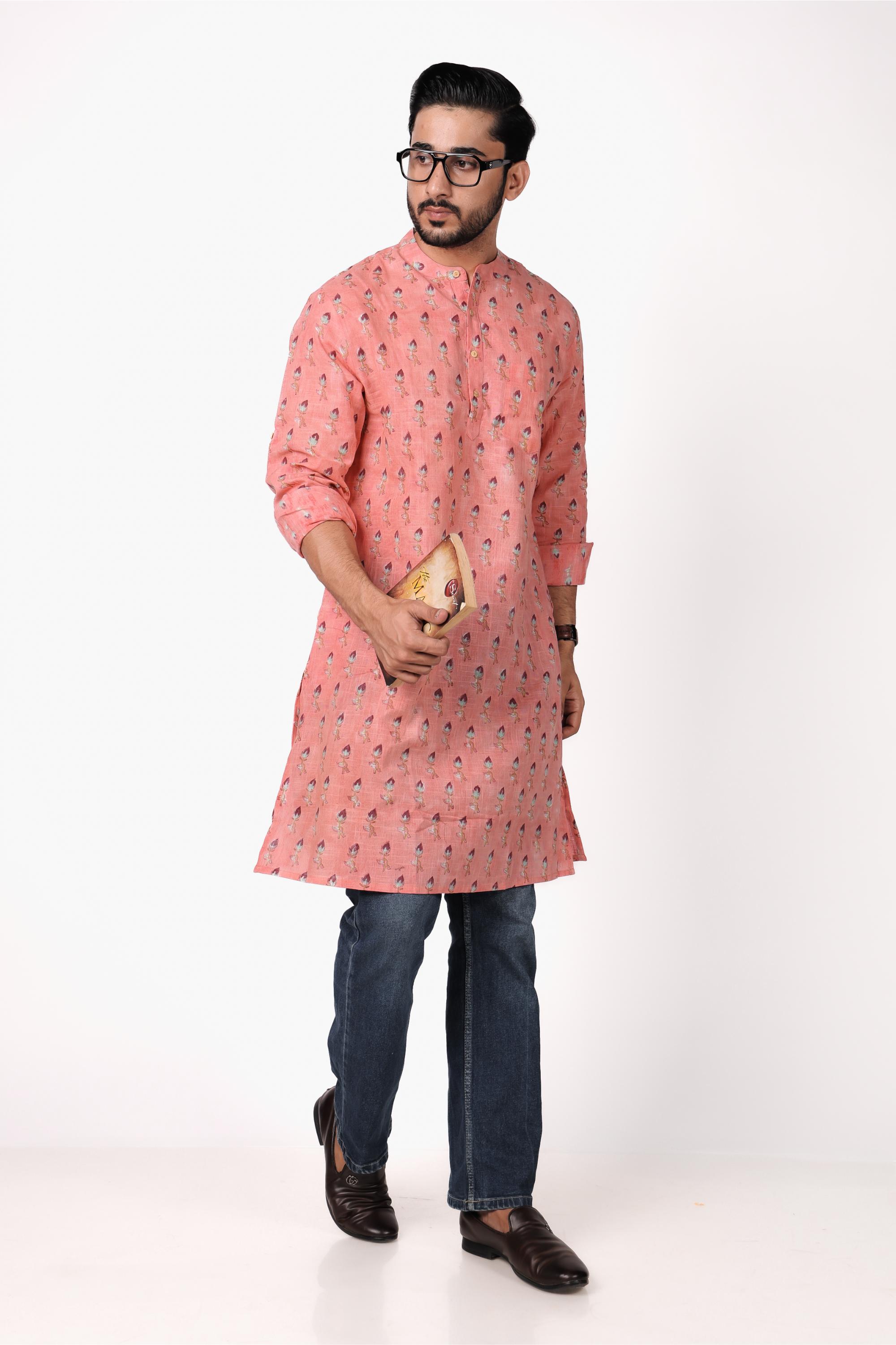 Men’s Hand Block Printed Cotton Slub Long Kurta