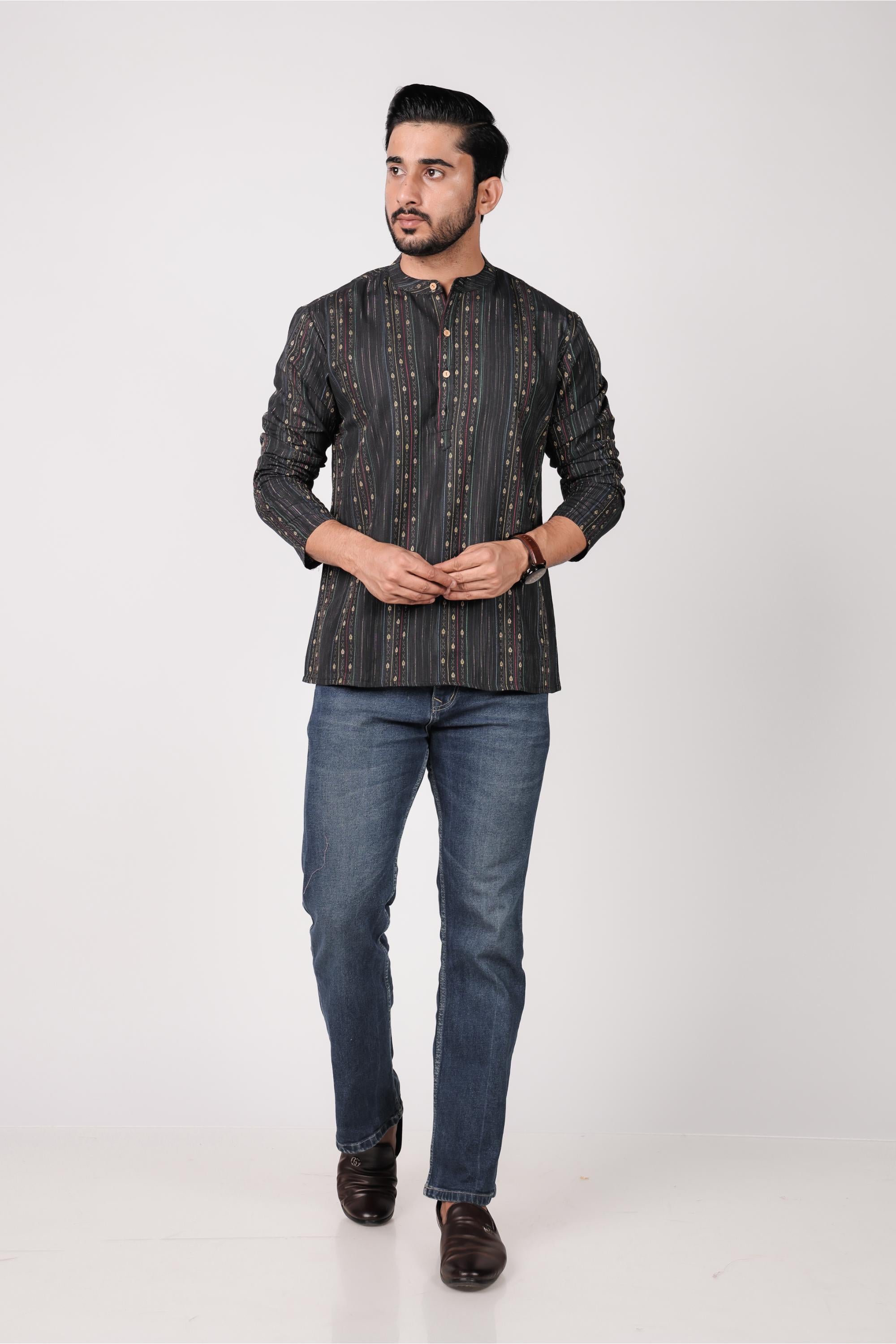 Classic Black Cotton Blend Short Kurta