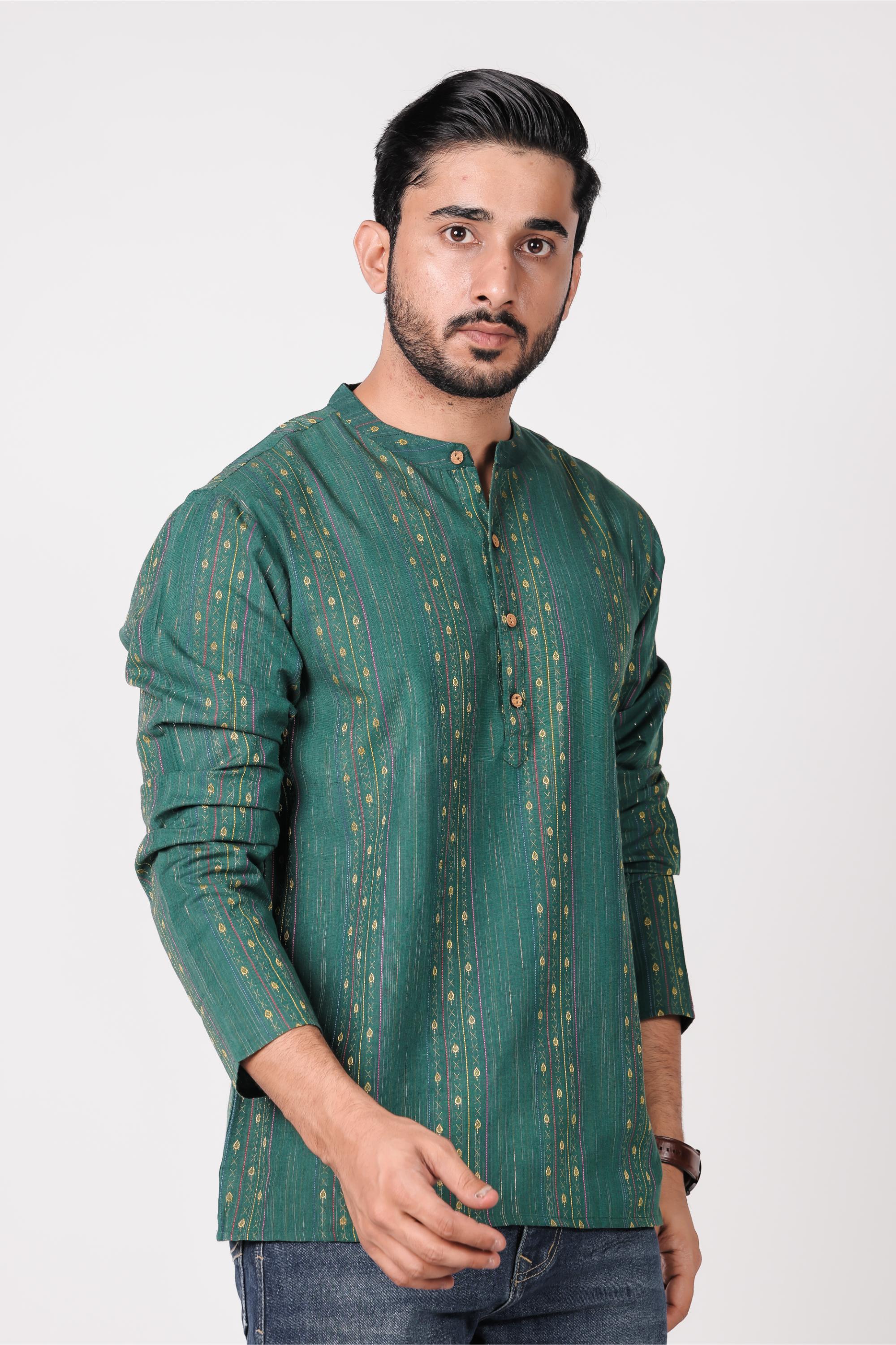 Classic Green Cotton Blend Short Kurta