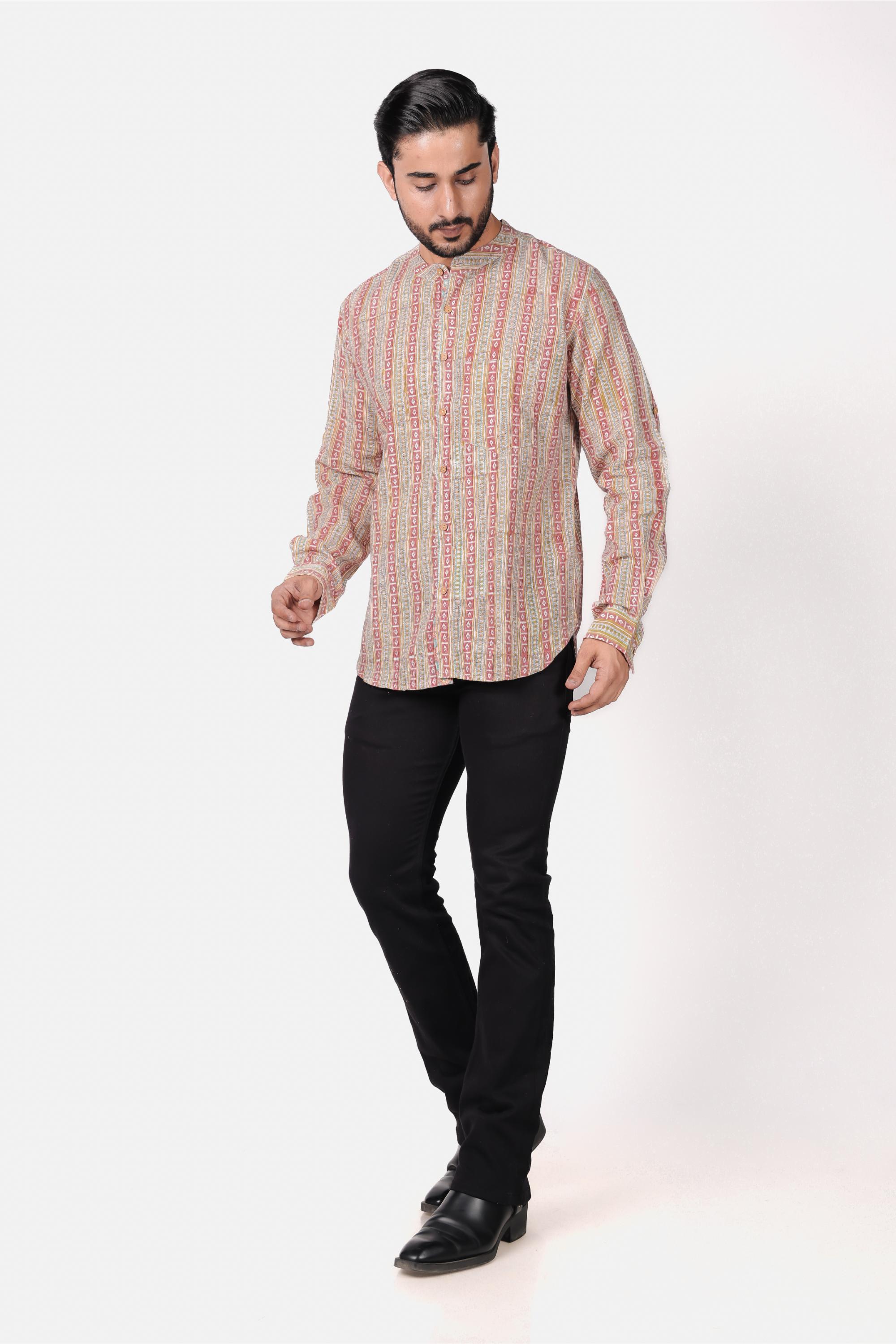 Men’s Brown Cotton Slub Hand Block Printed Shirt