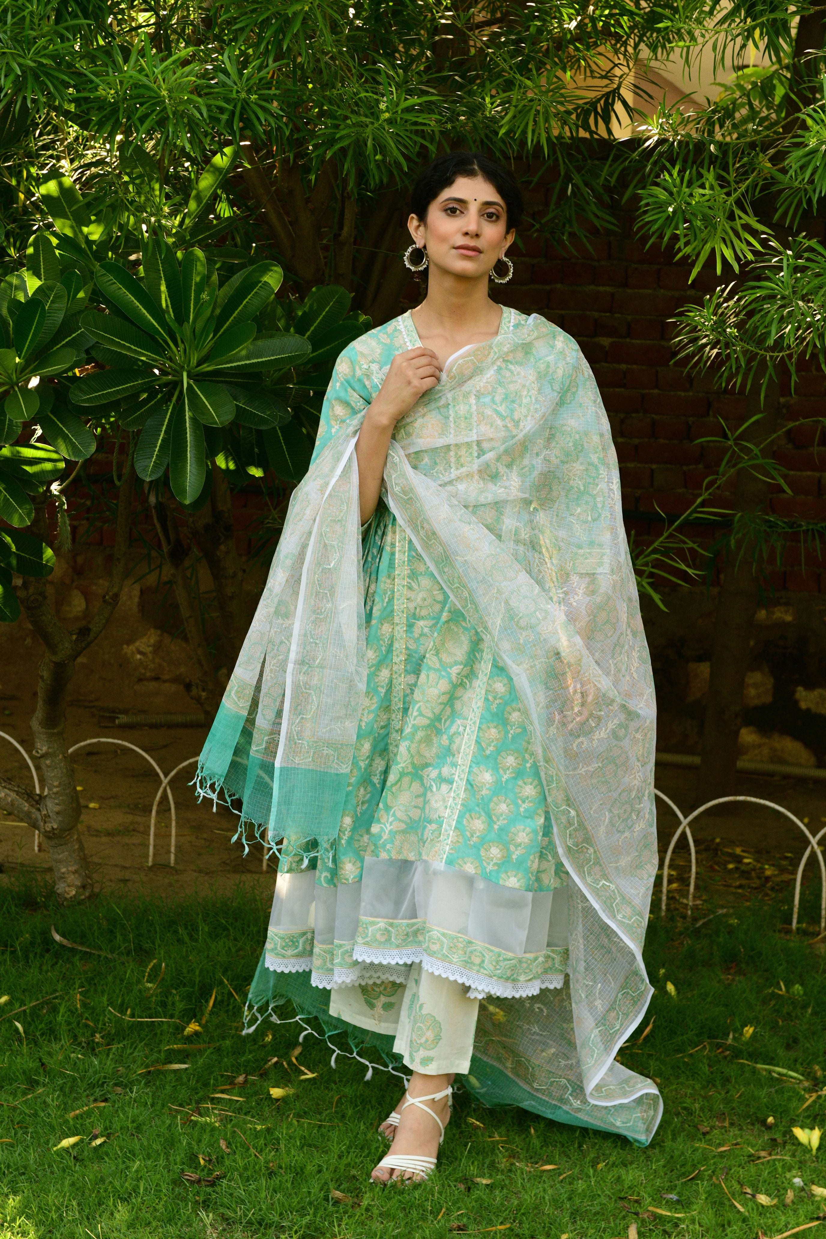 Hand Block Printed V-Neck Green Kurta Suit Set - Shilpi Handicrafts