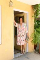 Hand-block Printed Multicolor Cotton V-Neck Dress - Shilpi Handicrafts