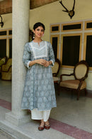 Hand-block Printed Grey Kurta With Pant - Shilpi Handicrafts