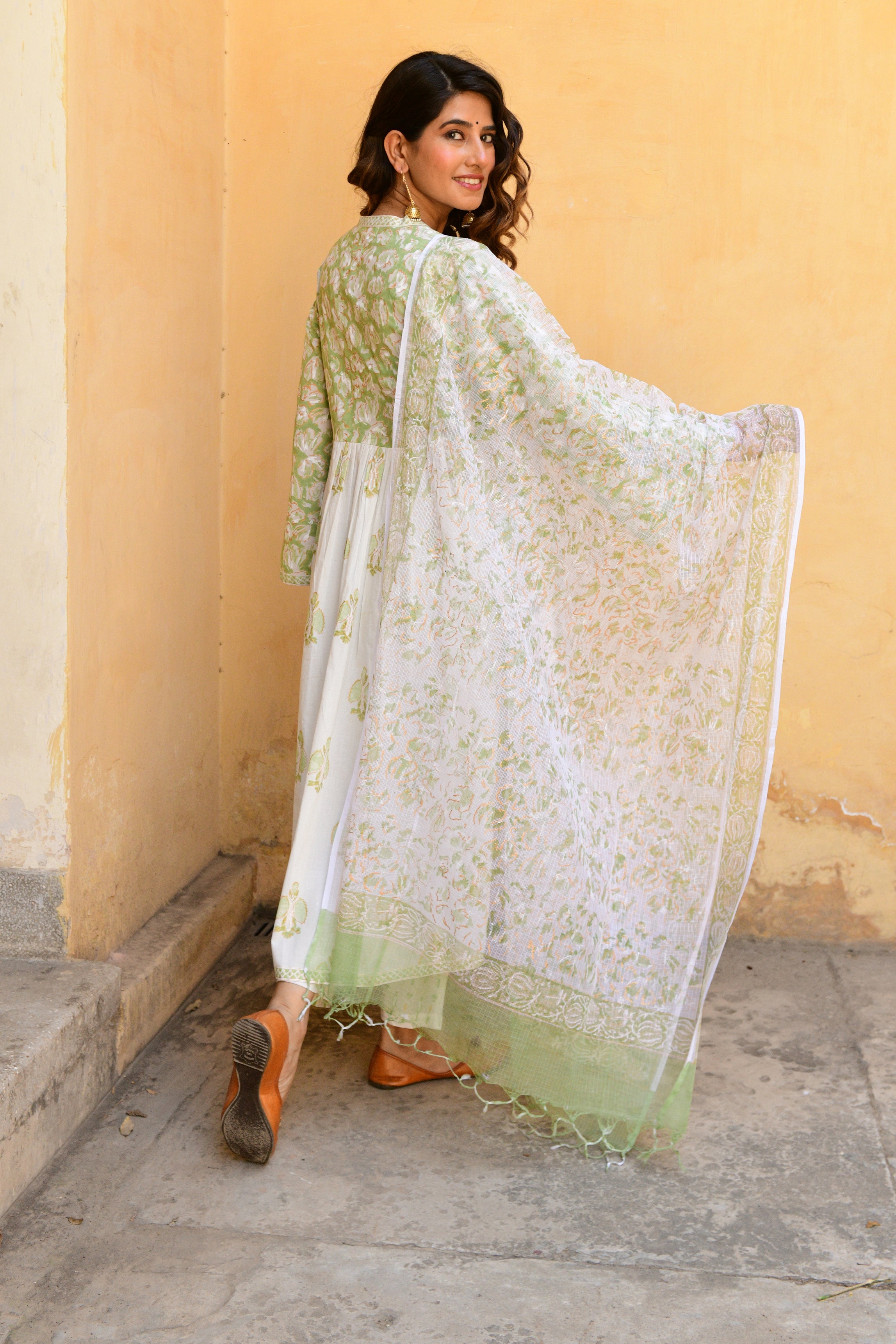 Hand Block Printed V-Neck Green Suit Set