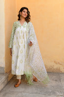 Hand Block Printed V-Neck Green Suit Set - Shilpi Handicrafts