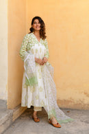 Hand Block Printed V-Neck Green Suit Set - Shilpi Handicrafts