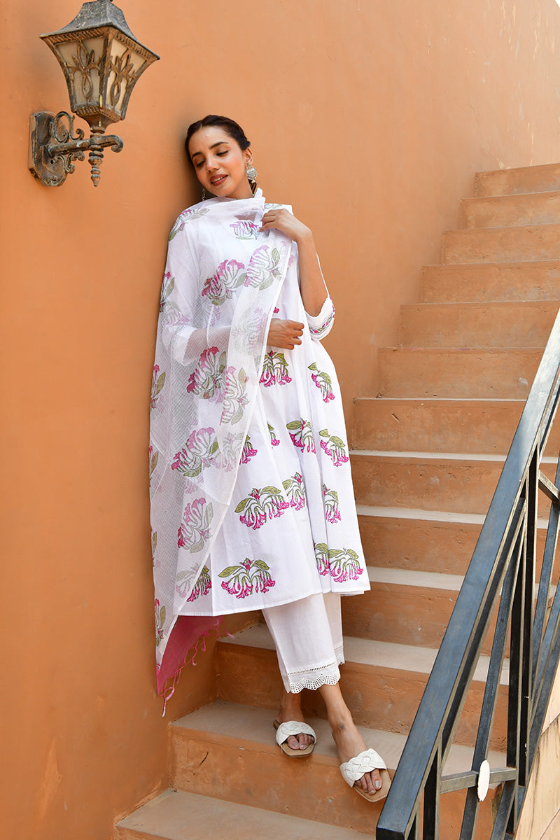 Green & White Hand Block Printed Kurta Set with Palazzo & Dupatta - Set Of 3