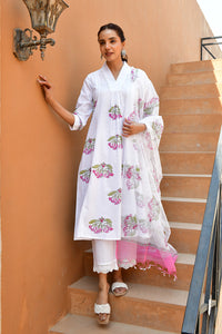 Green & White Hand Block Printed Kurta Set with Palazzo & Dupatta - Set Of 3