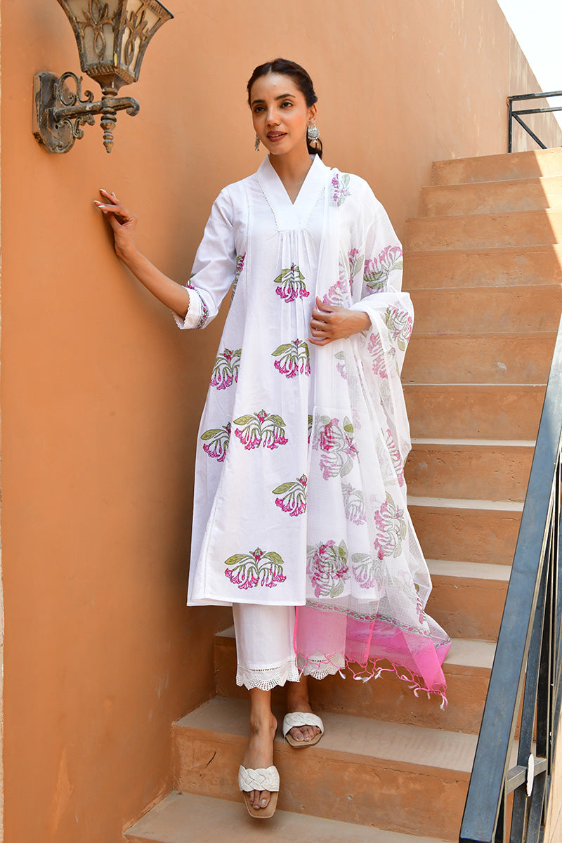 Green & White Hand Block Printed Kurta Set with Palazzo & Dupatta - Set Of 3