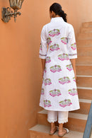 Green & White Hand Block Printed Kurta Set with Palazzo & Dupatta - Set Of 3