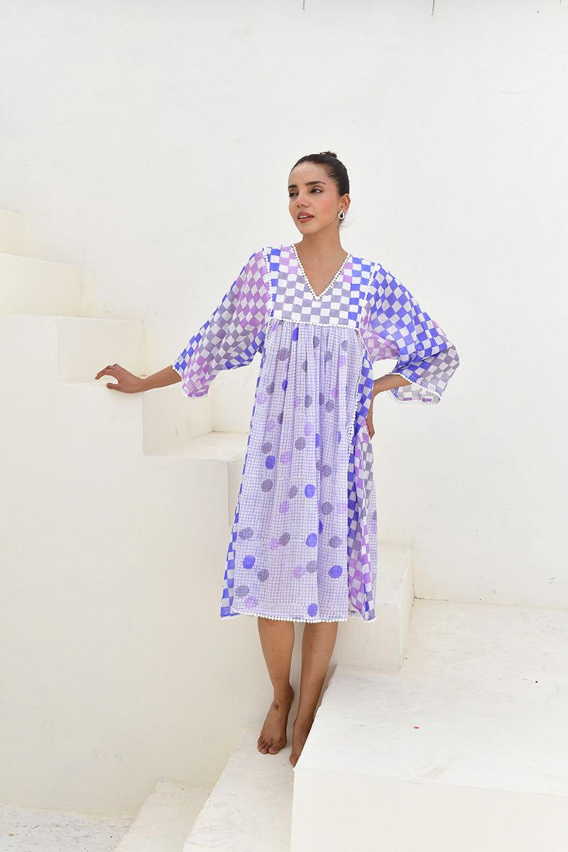 Blue & White Hand Block Printed Midi Dress- Set Of 1