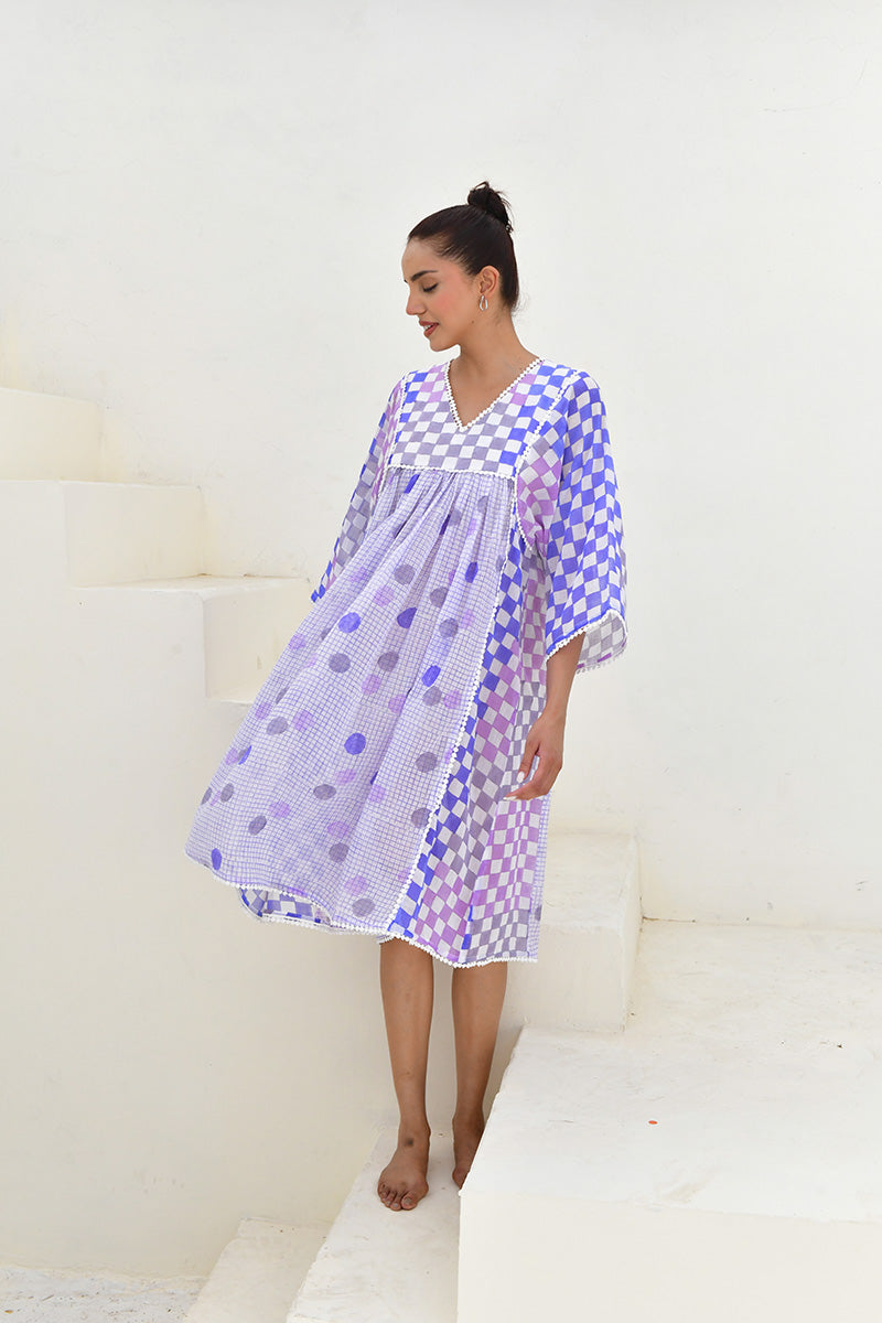 Blue & White Hand Block Printed Midi Dress- Set Of 1
