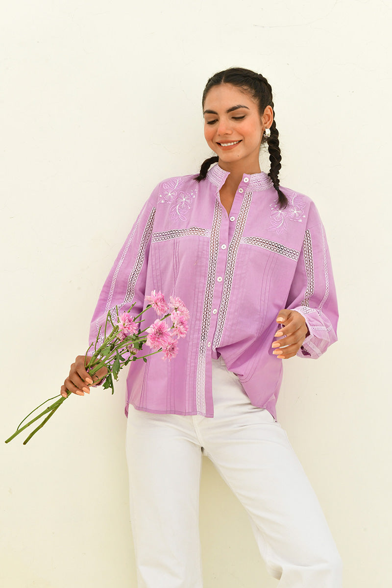 Purple Hand Block Printed Cotton Shirt-Set Of 1