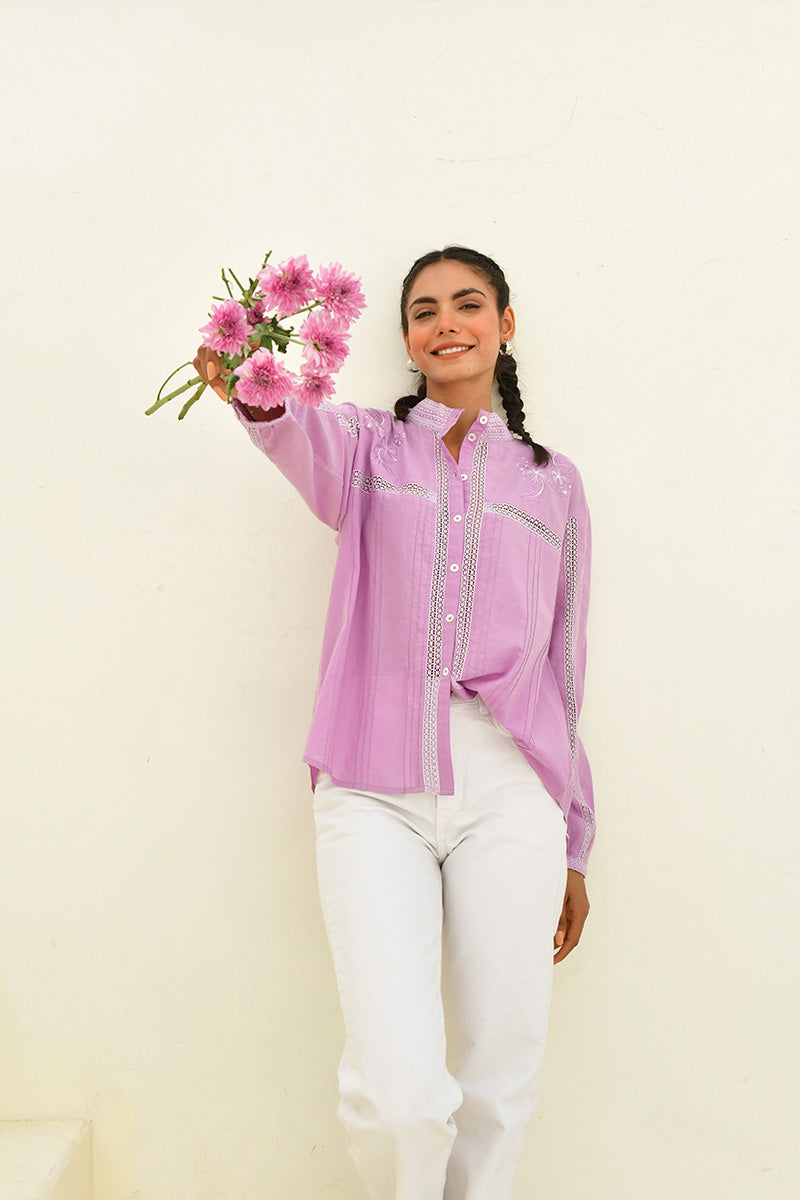 Purple Hand Block Printed Cotton Shirt-Set Of 1