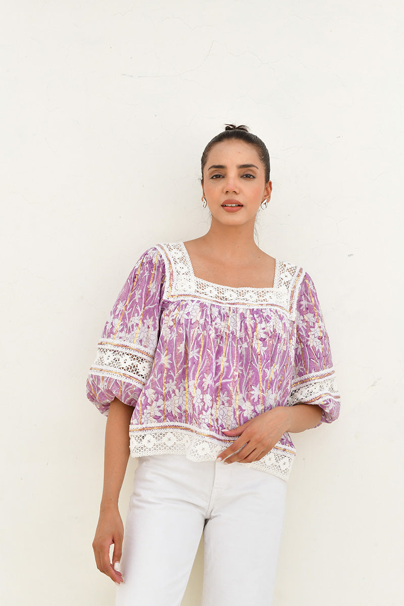 Purple & White Hand Block Printed Top-Set Of 1