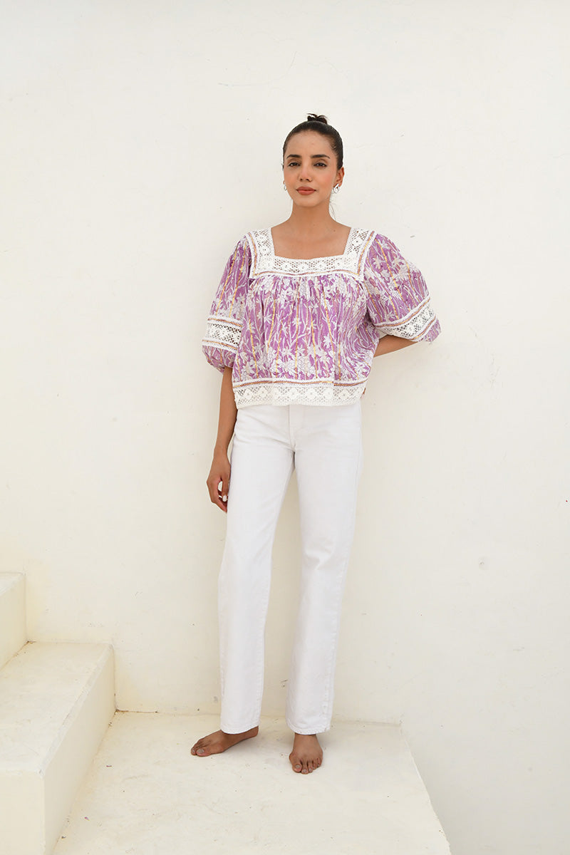 Purple & White Hand Block Printed Top-Set Of 1