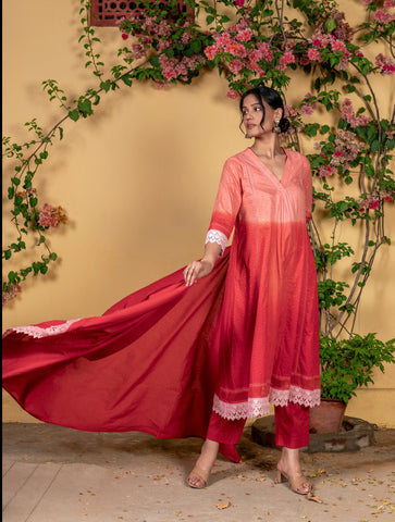 Bahaar Red Ombre Cotton Suit Set