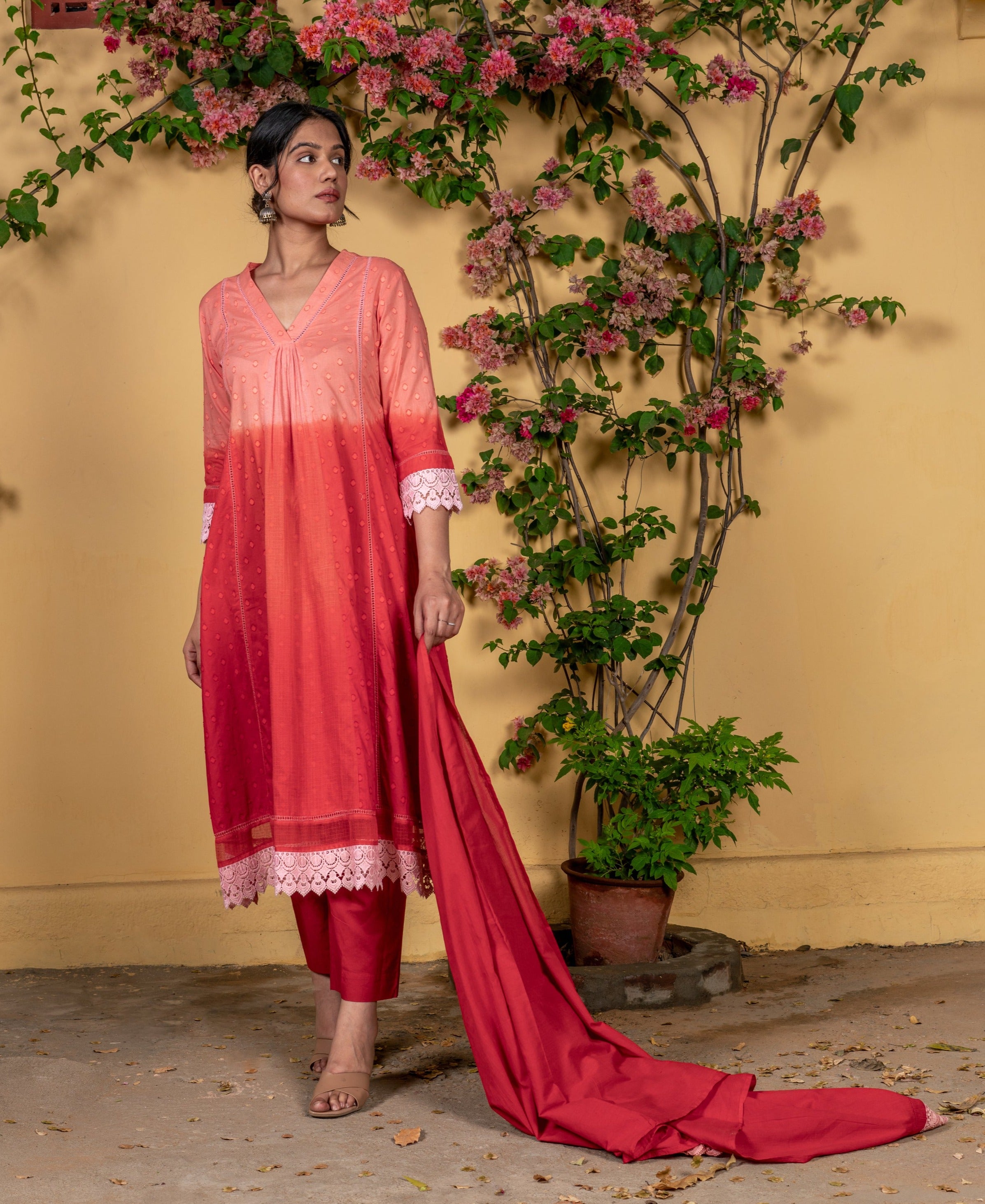 Bahaar Red Ombre Cotton Suit Set