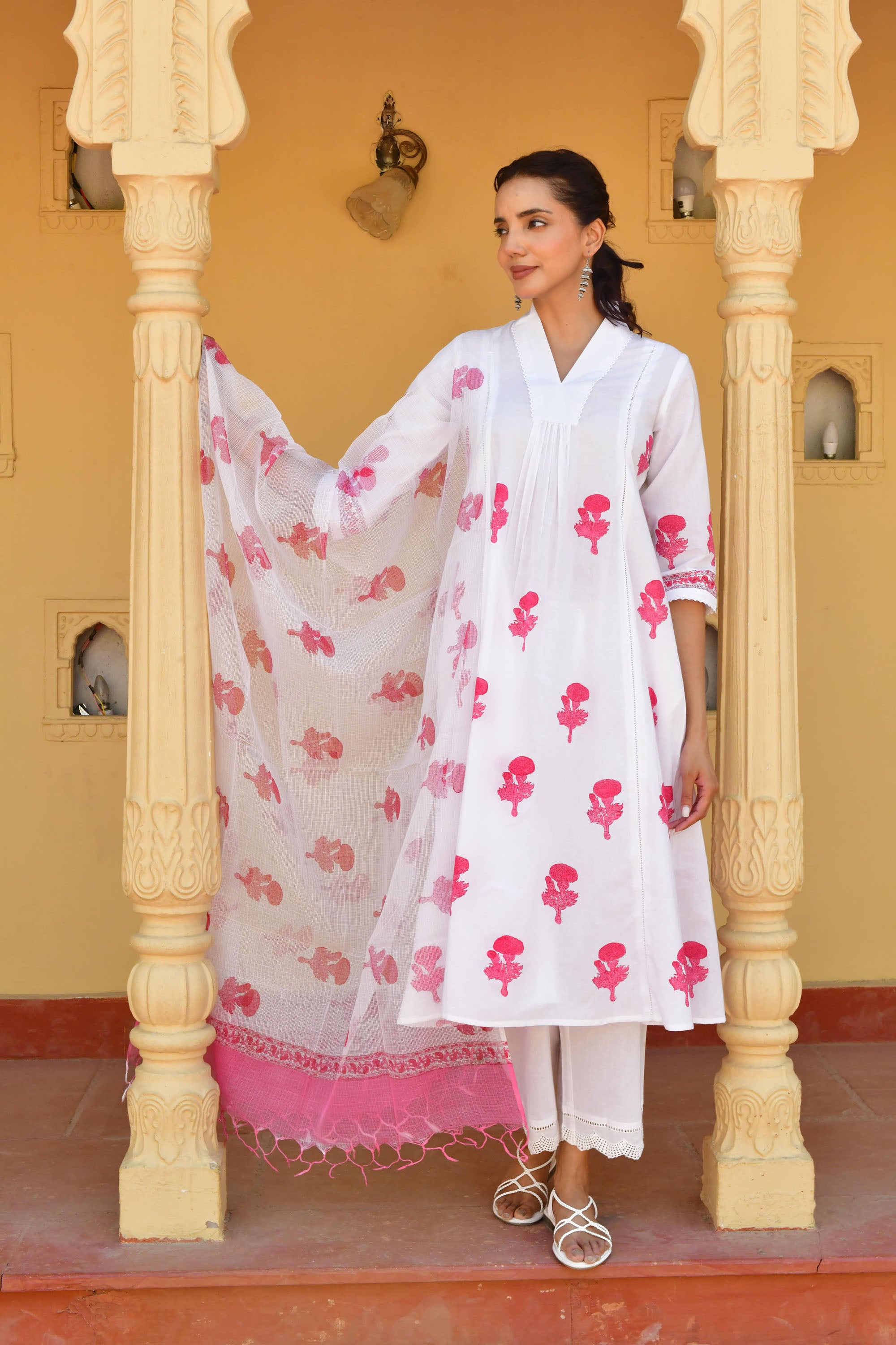 Pink & White Hand Block Printed Kurta Set with Palazzo & Dupatta - Set Of 3